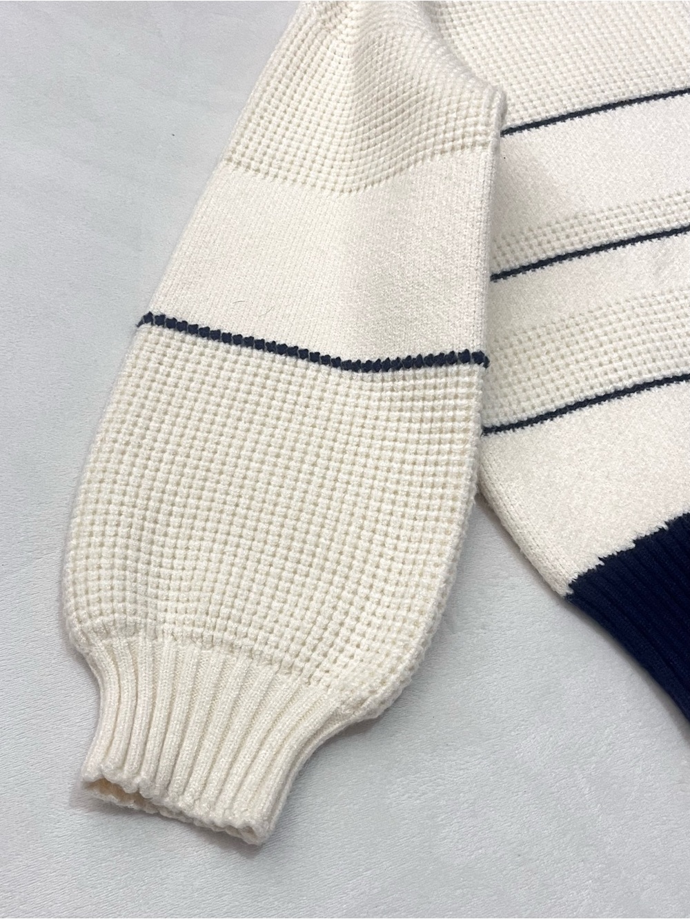 Vita Grace Cream and Navy Soft Thick Button Up Neck Waffle Sweater Women's Top - Picture 5 of 16
